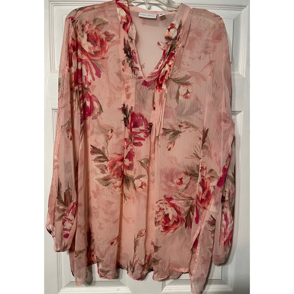 Susan Graver 1X Floral Print Sheer Tunic Top Blouse Pink Red Long Sleeve
